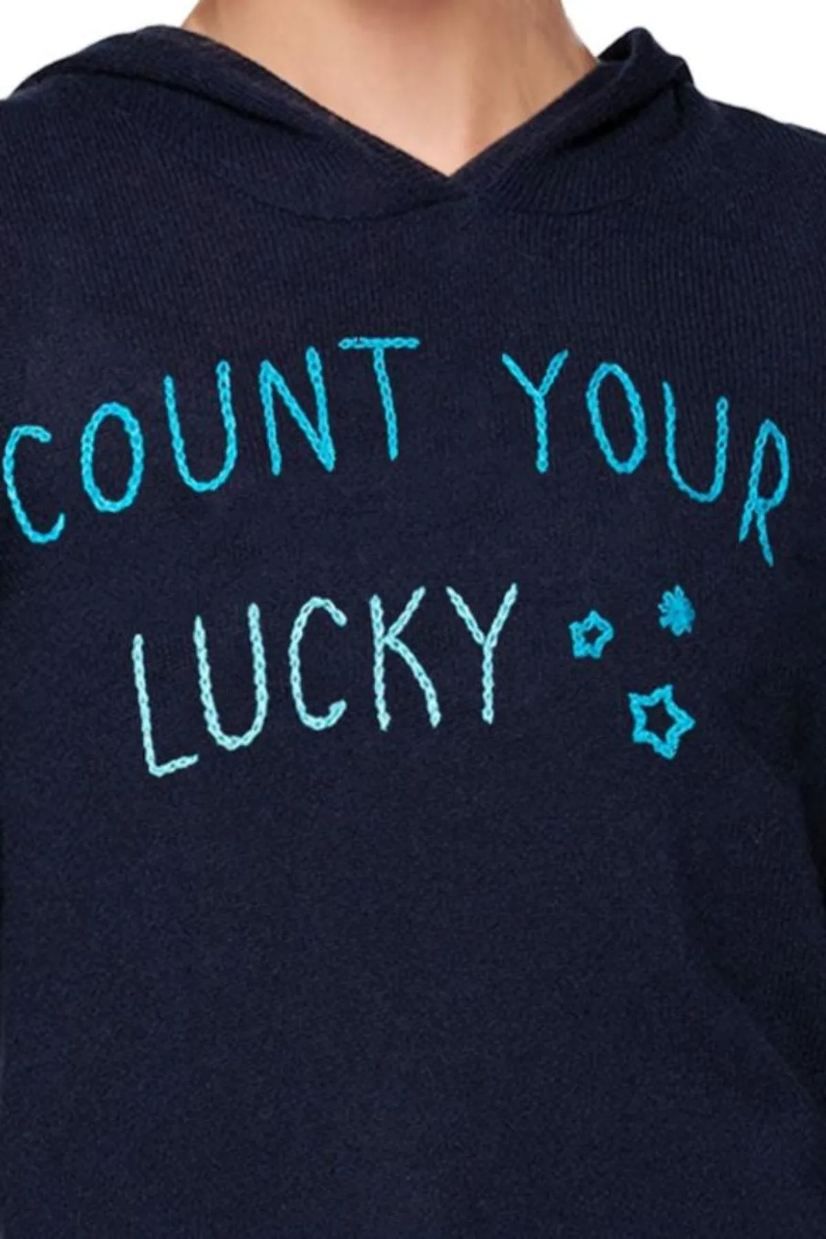 100% Cashmere Hoodie Black with  Count Your Lucky Stars Embroidery