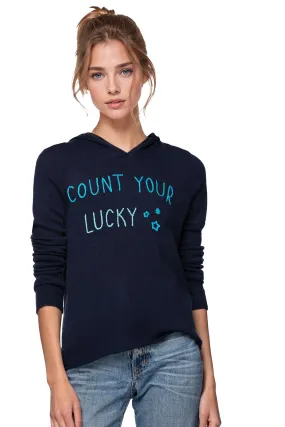 100% Cashmere Hoodie Black with  Count Your Lucky Stars Embroidery