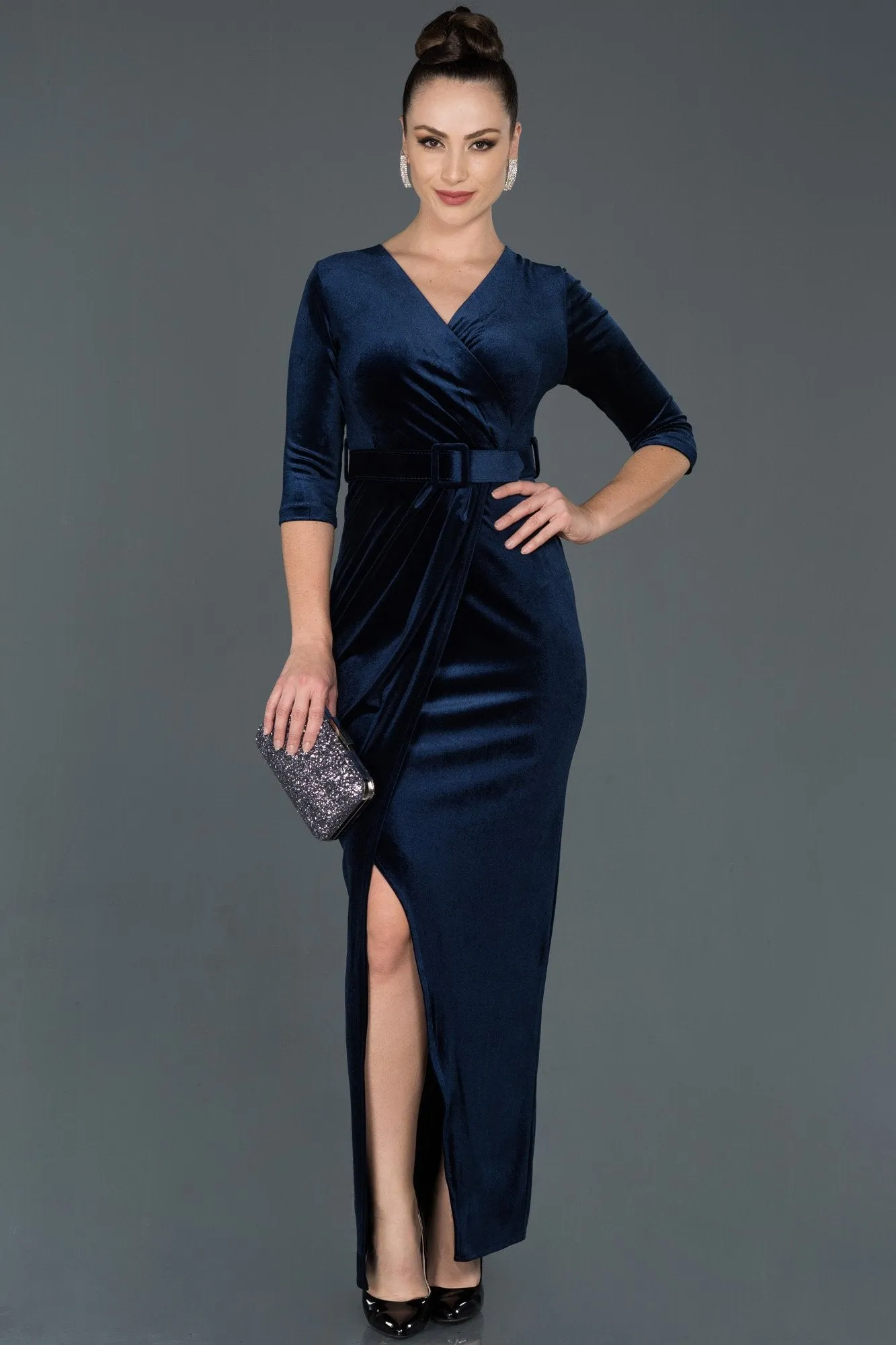 14499 Navy Blue Wrap Skirt Slit Velvet Dress