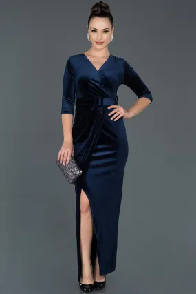 14499 Navy Blue Wrap Skirt Slit Velvet Dress