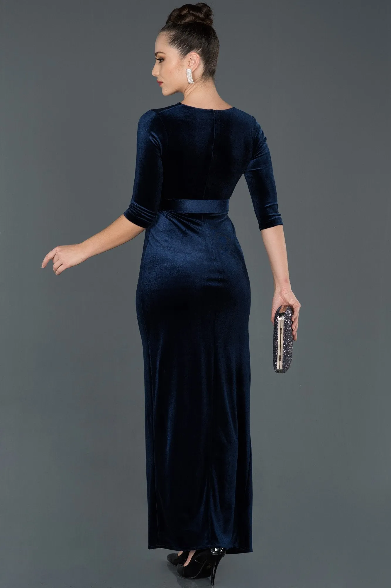 14499 Navy Blue Wrap Skirt Slit Velvet Dress