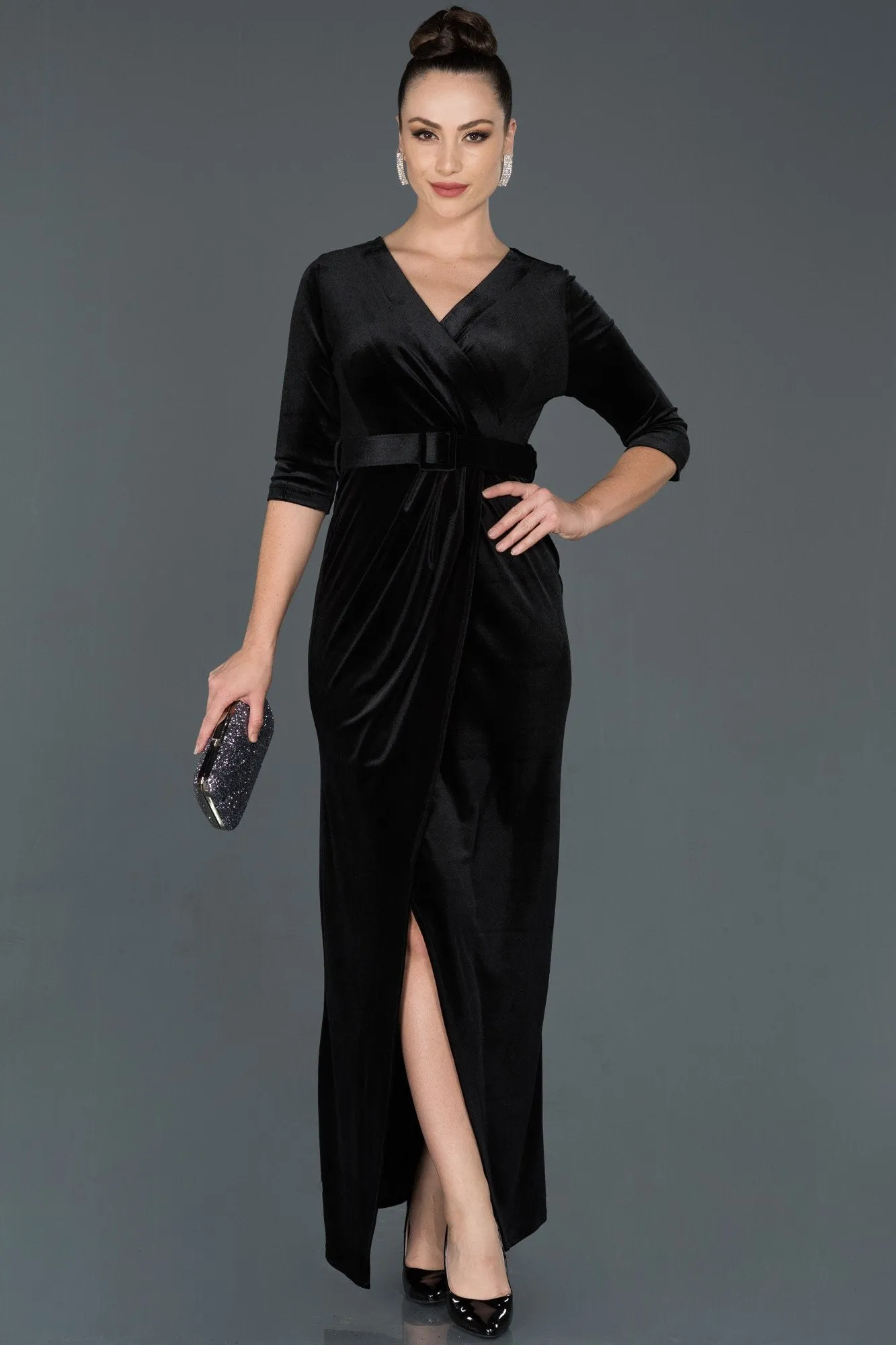 14500 Black Wrap Skirt Slit Velvet Dress