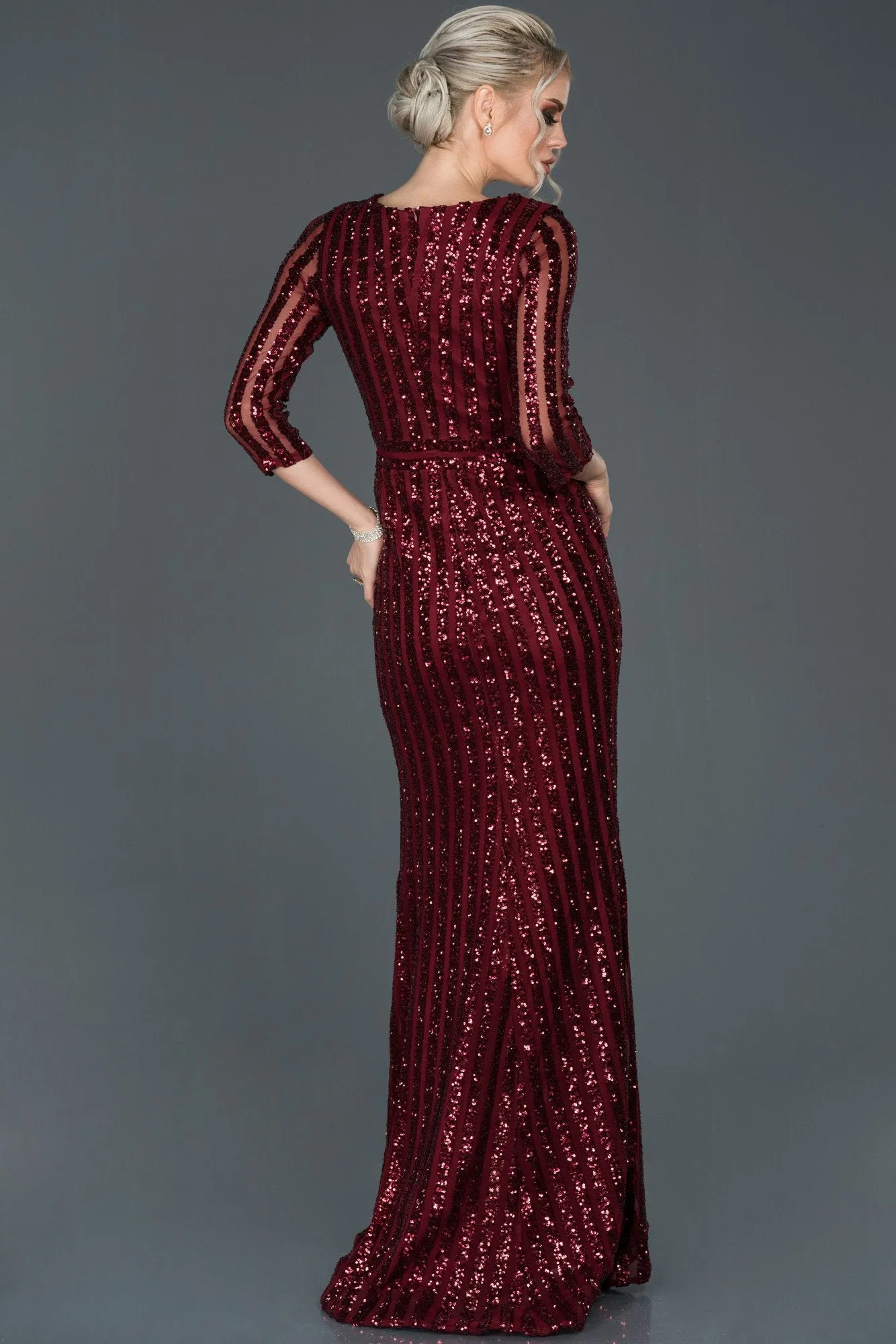 16050 Burgundy Wrap Skirt Sequin Slit Dress