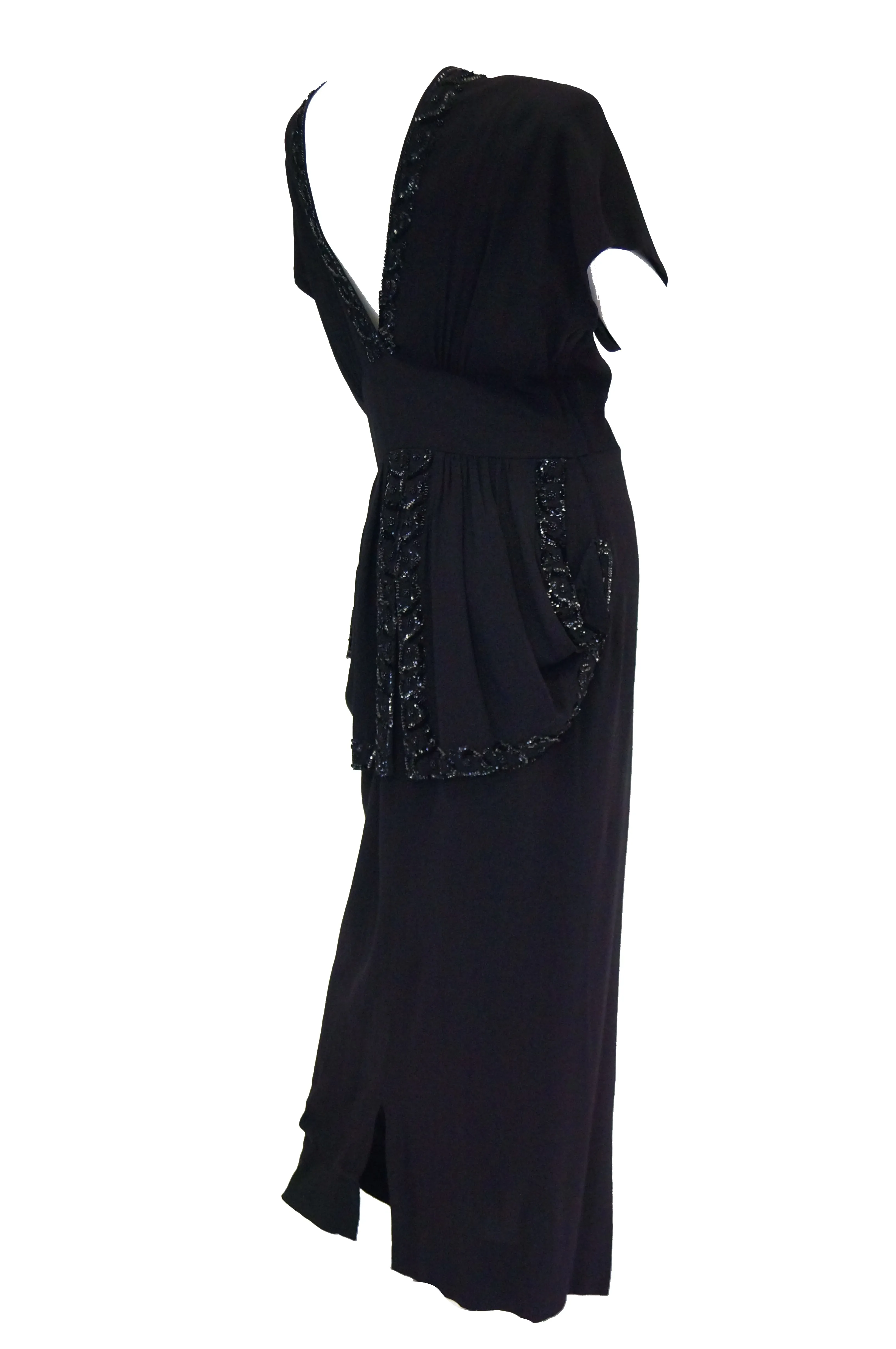 1930s Black Bias Crepe Silk Dress w/ Bead, Sequin, Bustle, & Keyhole Neckline