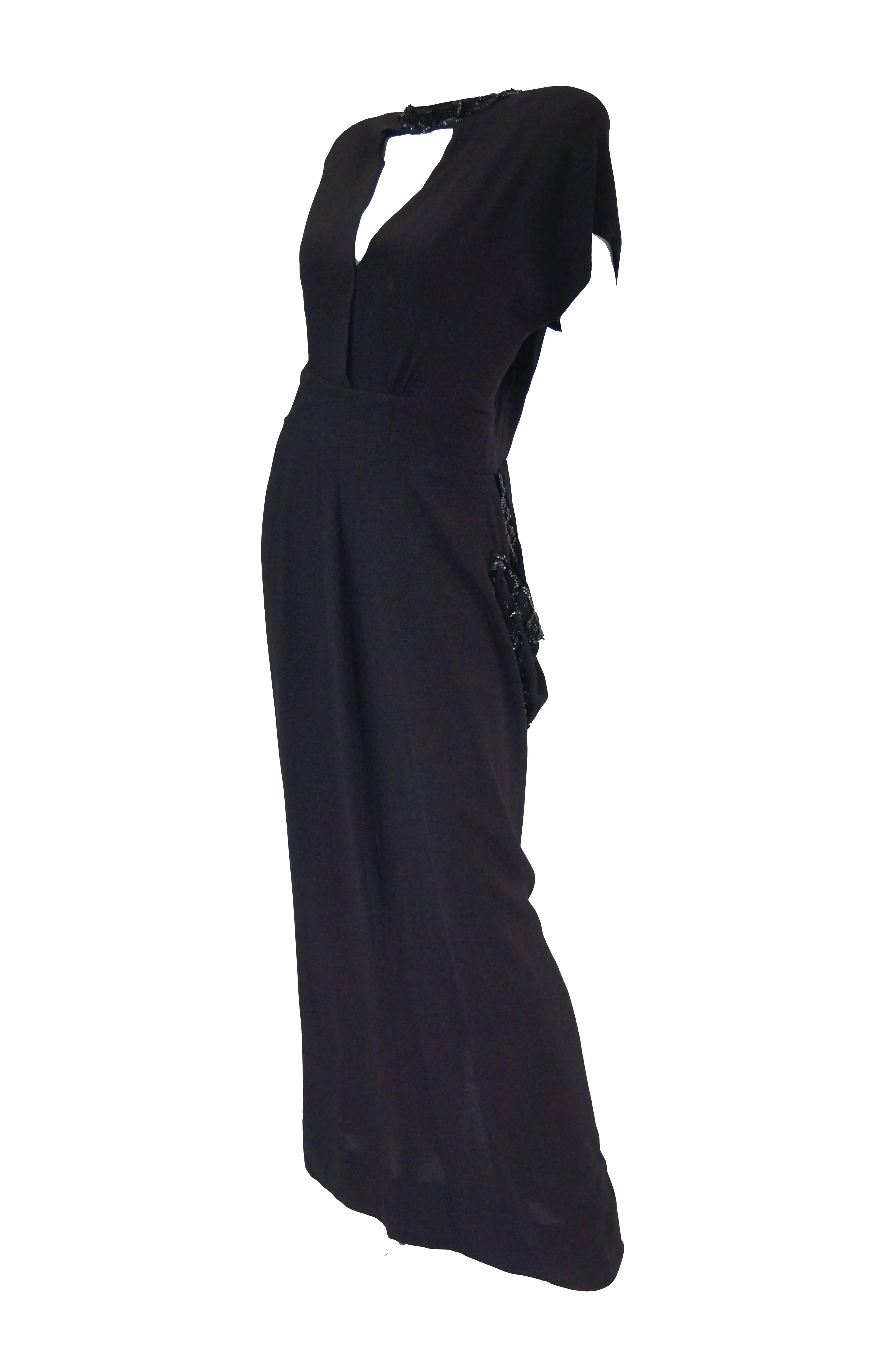 1930s Black Bias Crepe Silk Dress w/ Bead, Sequin, Bustle, & Keyhole Neckline