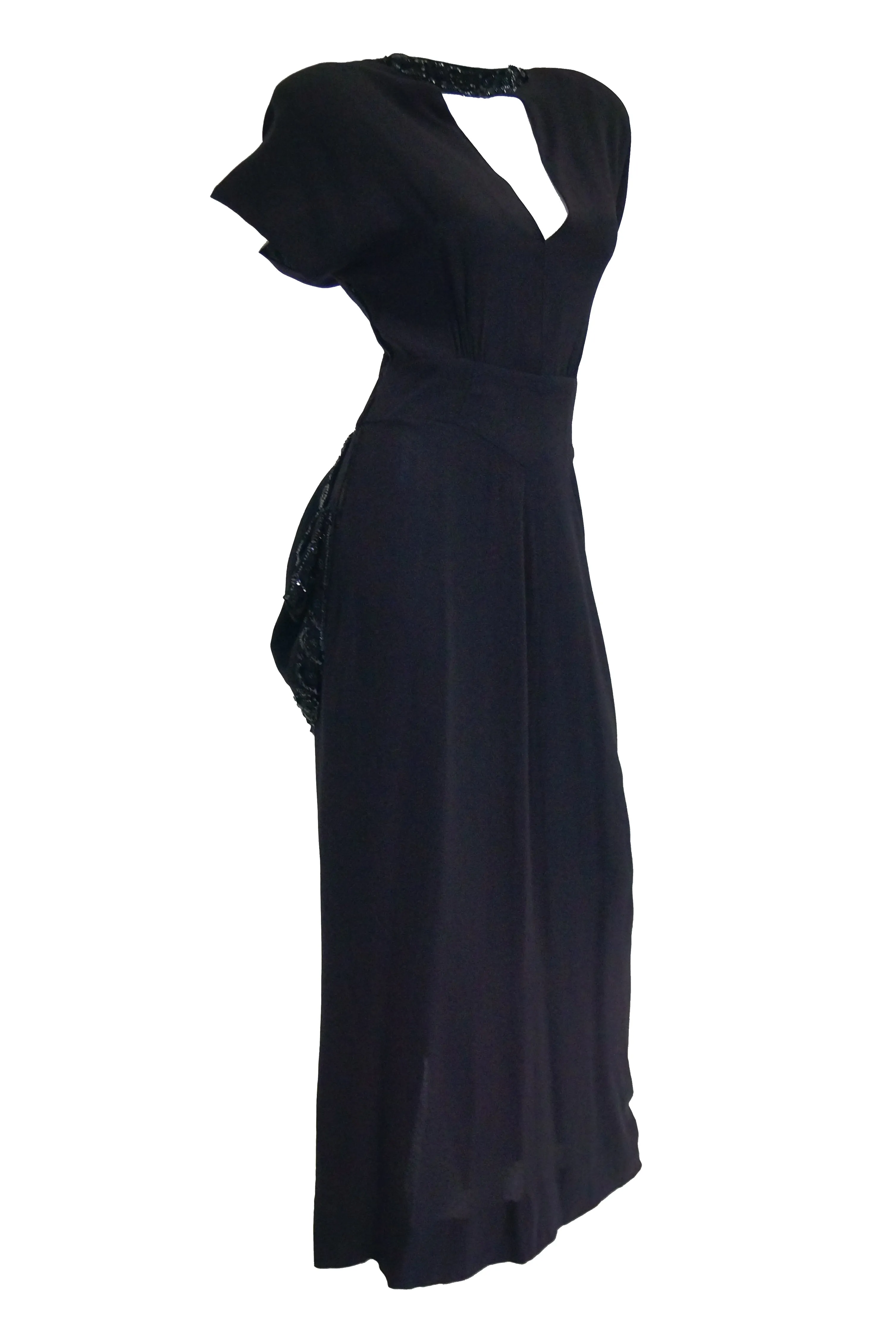 1930s Black Bias Crepe Silk Dress w/ Bead, Sequin, Bustle, & Keyhole Neckline