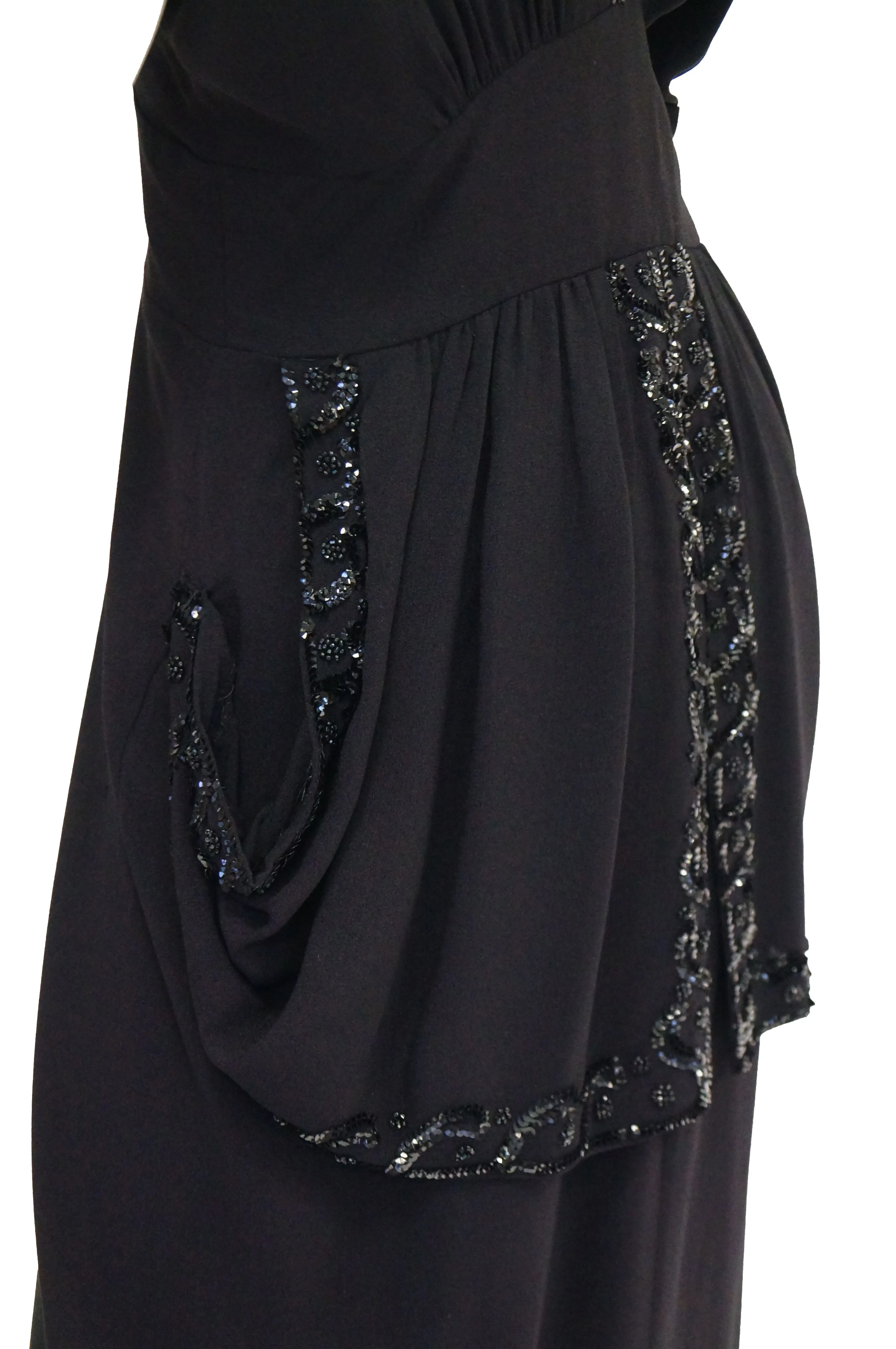 1930s Black Bias Crepe Silk Dress w/ Bead, Sequin, Bustle, & Keyhole Neckline