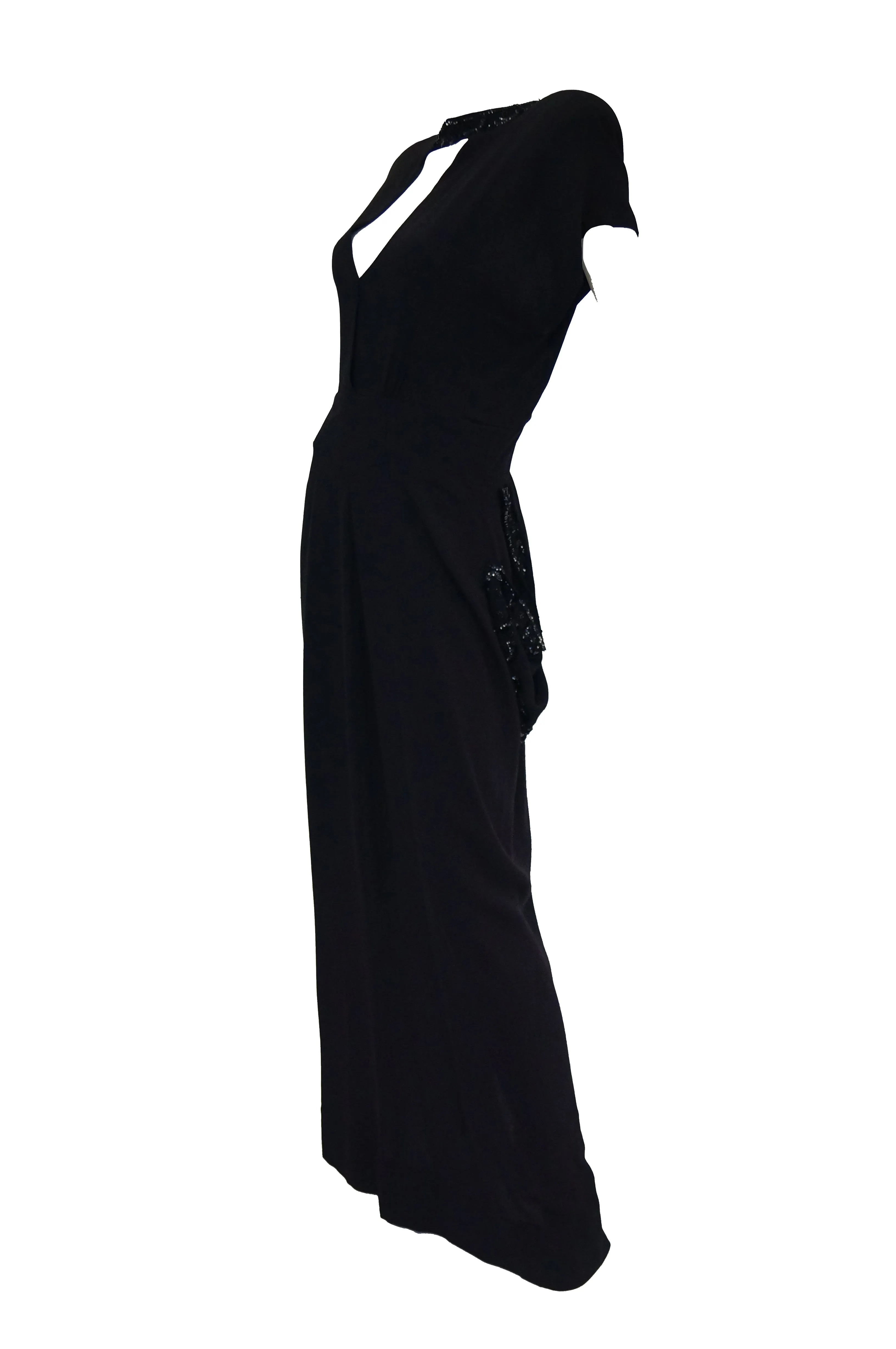 1930s Black Bias Crepe Silk Dress w/ Bead, Sequin, Bustle, & Keyhole Neckline