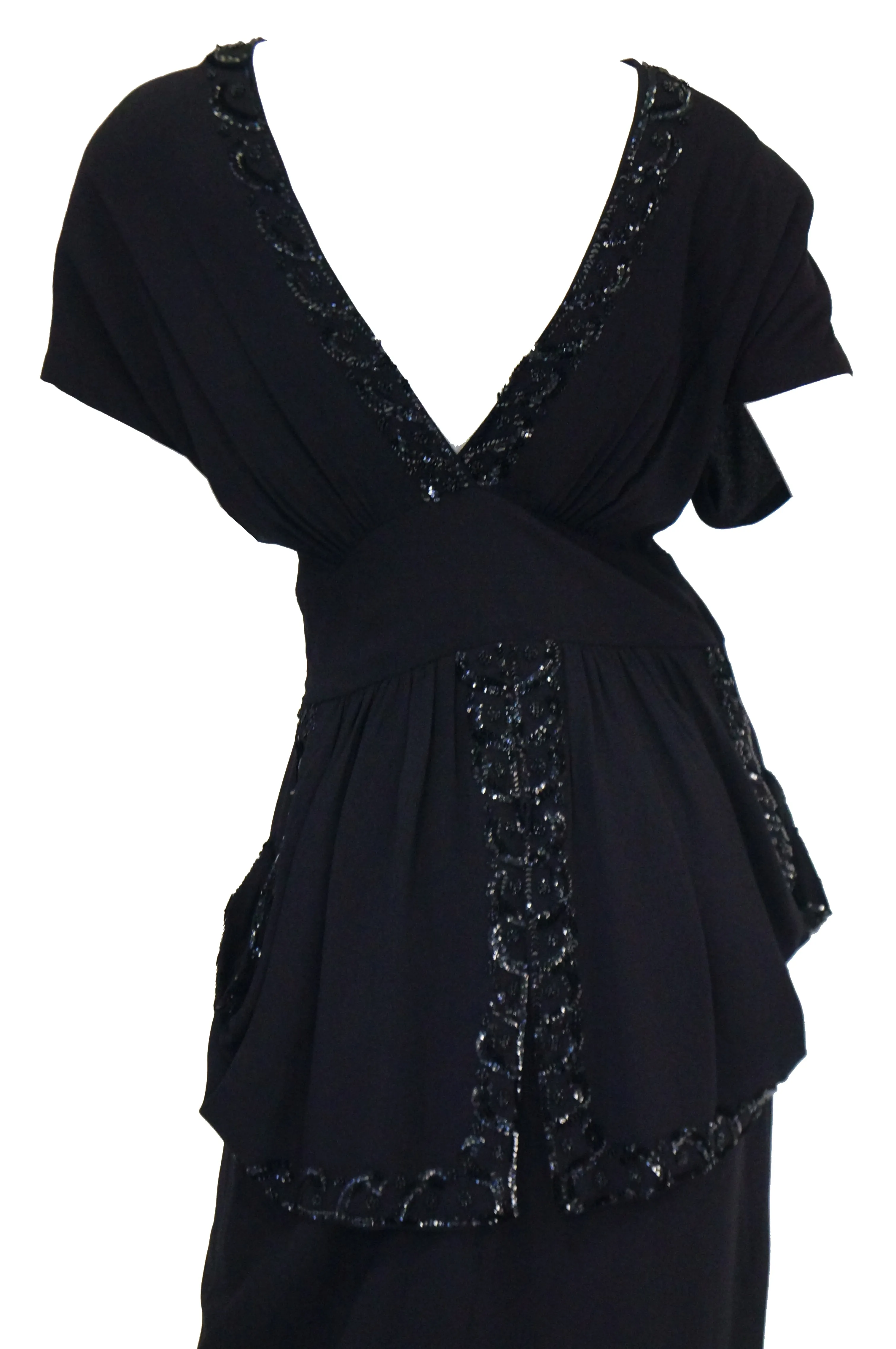 1930s Black Bias Crepe Silk Dress w/ Bead, Sequin, Bustle, & Keyhole Neckline