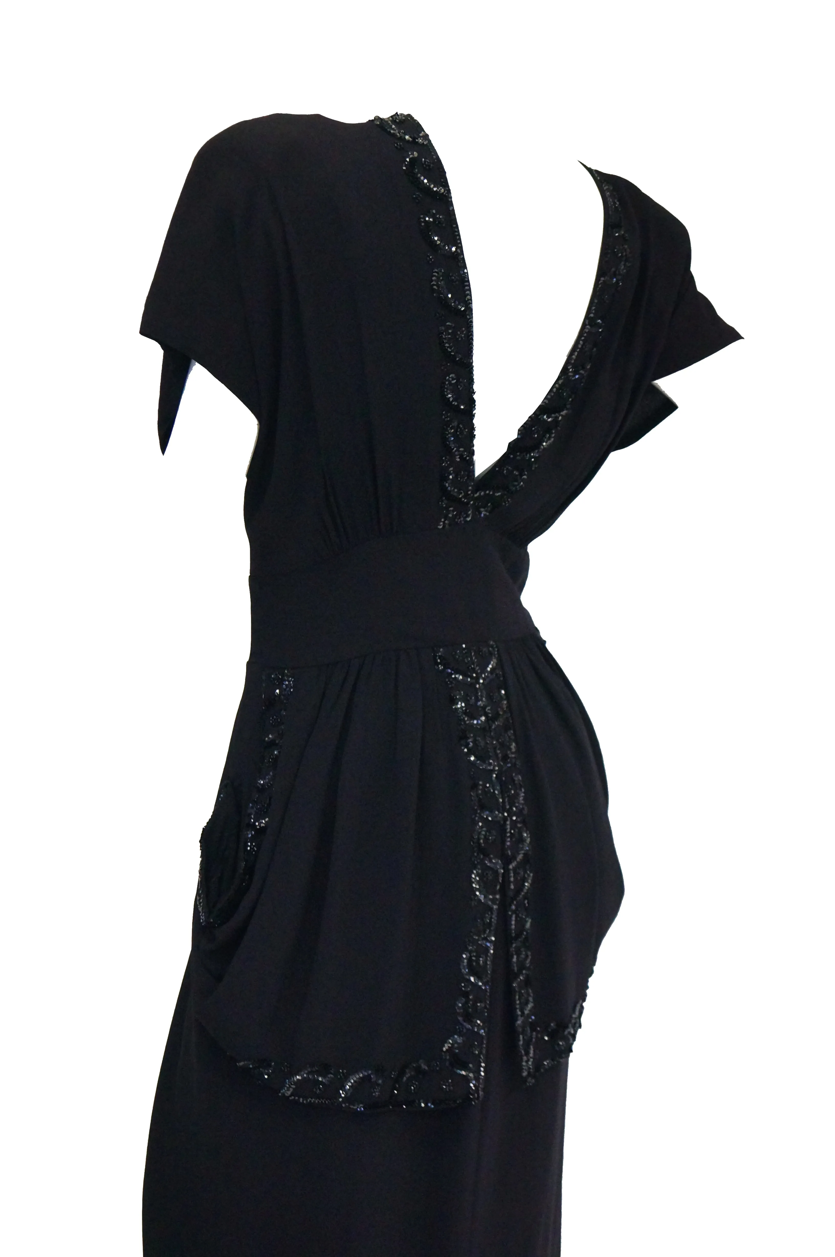 1930s Black Bias Crepe Silk Dress w/ Bead, Sequin, Bustle, & Keyhole Neckline