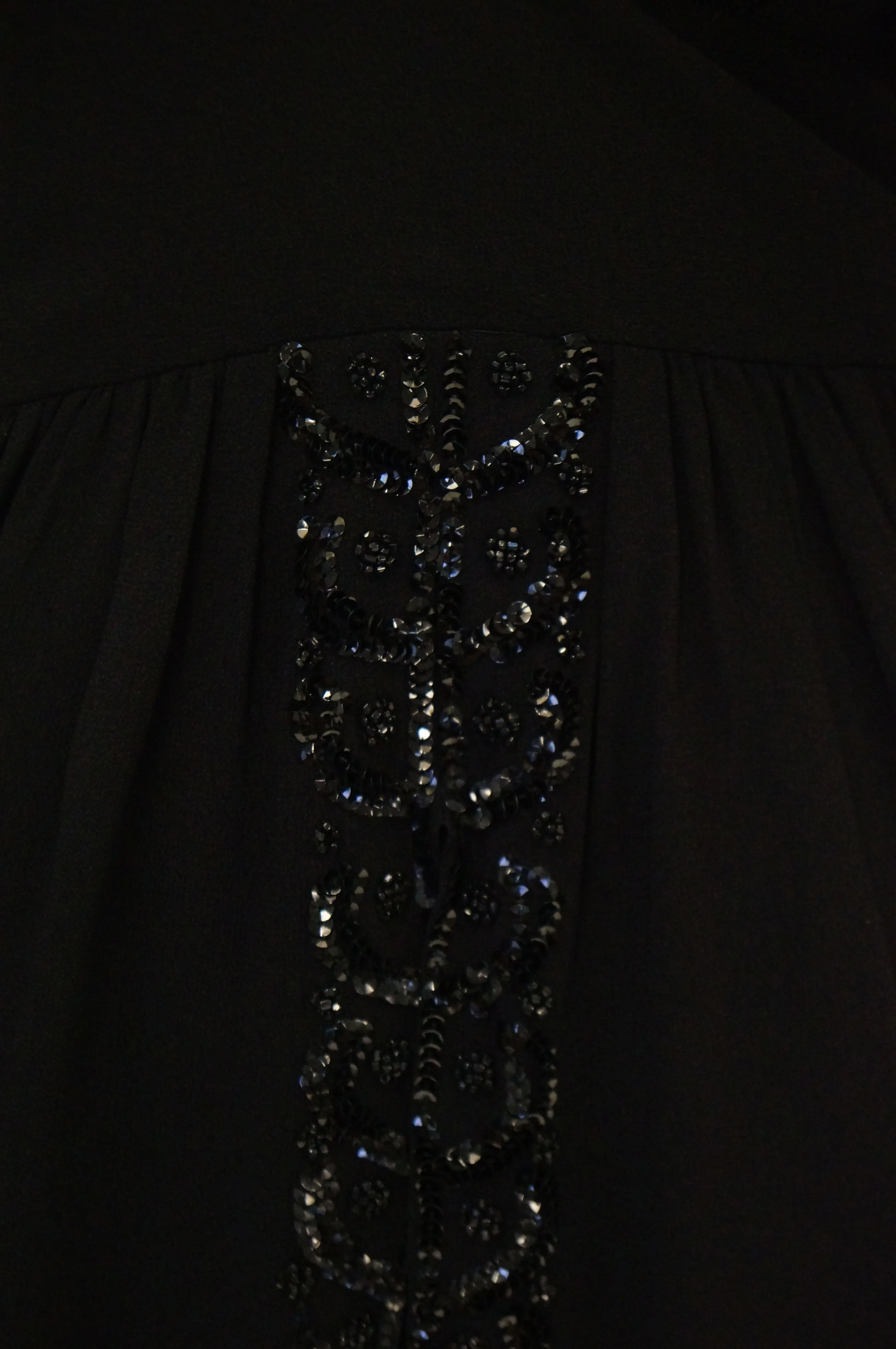 1930s Black Bias Crepe Silk Dress w/ Bead, Sequin, Bustle, & Keyhole Neckline