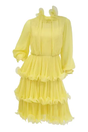 1960s Lemon Chiffon Curly Hem Cocktail Dress