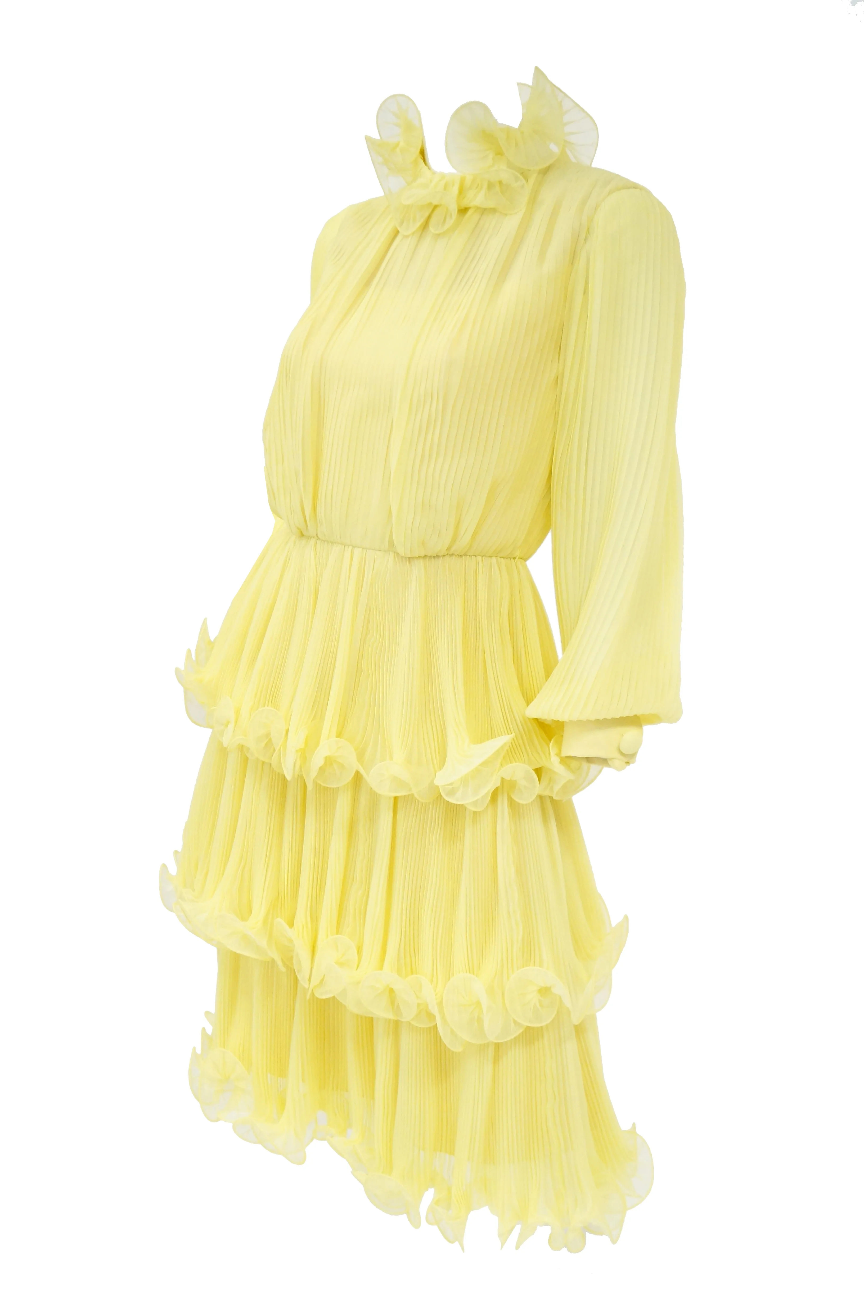 1960s Lemon Chiffon Curly Hem Cocktail Dress