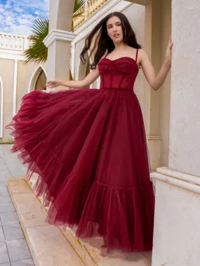 A Line Burgundy Tulle Long Prom Dresses, Princess Burgundy Formal Graduation Evening Dresses SP2636