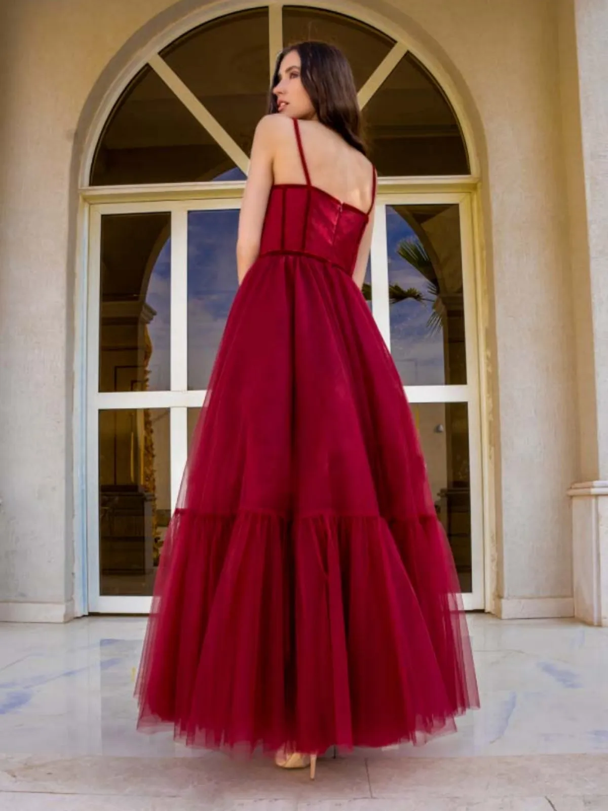 A Line Burgundy Tulle Long Prom Dresses, Princess Burgundy Formal Graduation Evening Dresses SP2636