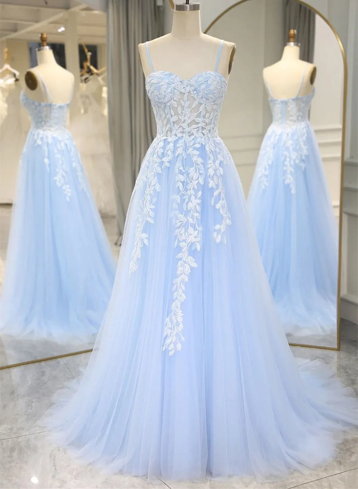 A-line Tulle Blue with Lace Sweetheart Straps Party Dress, Blue Formal Dress