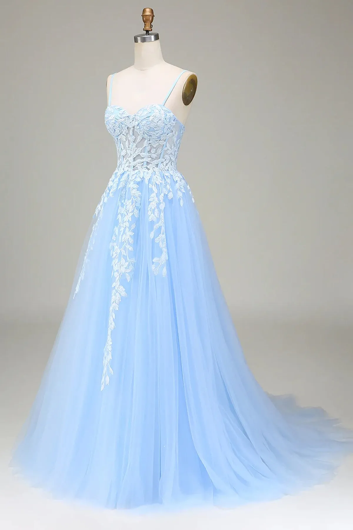 A-line Tulle Blue with Lace Sweetheart Straps Party Dress, Blue Formal Dress