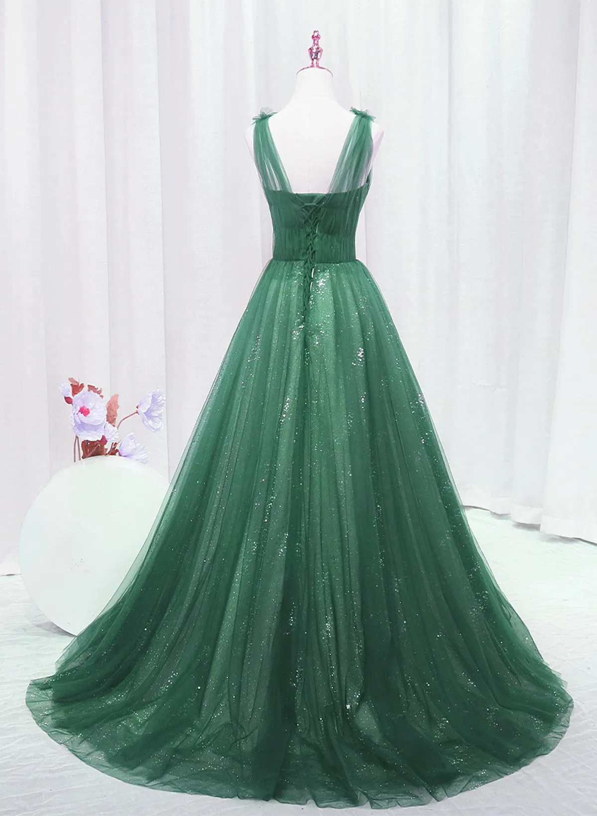 A-line Tulle V-neckline Sweetheart Beaded Long Party Dress, Gree Tulle Prom Dress