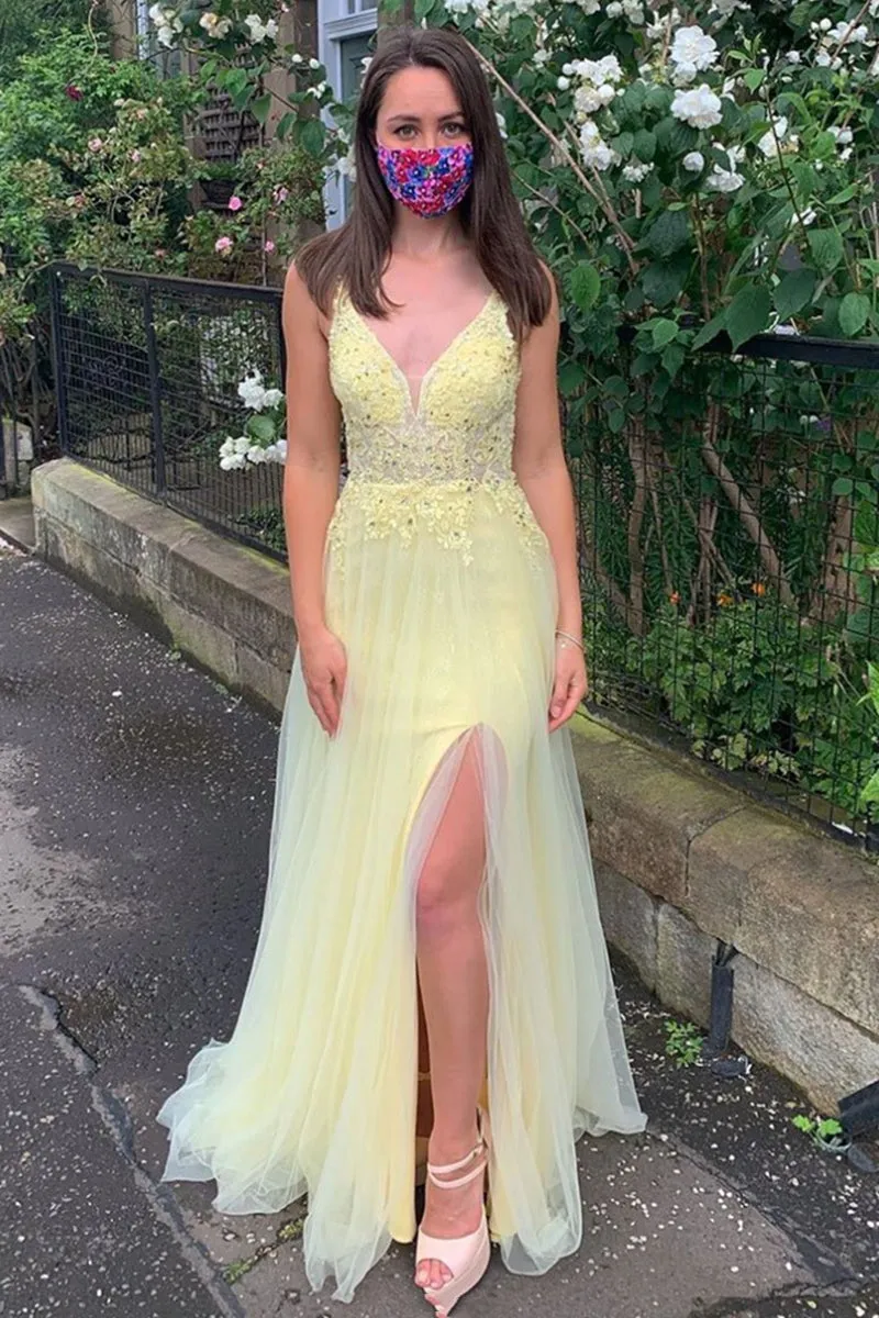 A Line V Neck Backless Yellow Lace Prom Dress with Leg Slit, Yellow Lace Formal Dress, Yellow Evening Dress