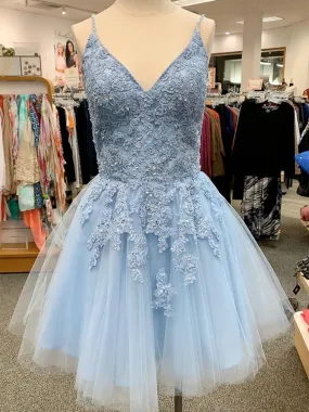 A Line V Neck Blue Lace Appliques Short Prom Homecoming, Blue Lace Formal Graduation Evening