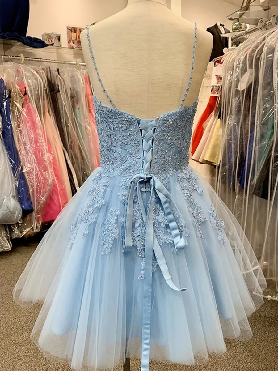 A Line V Neck Blue Lace Appliques Short Prom Homecoming, Blue Lace Formal Graduation Evening