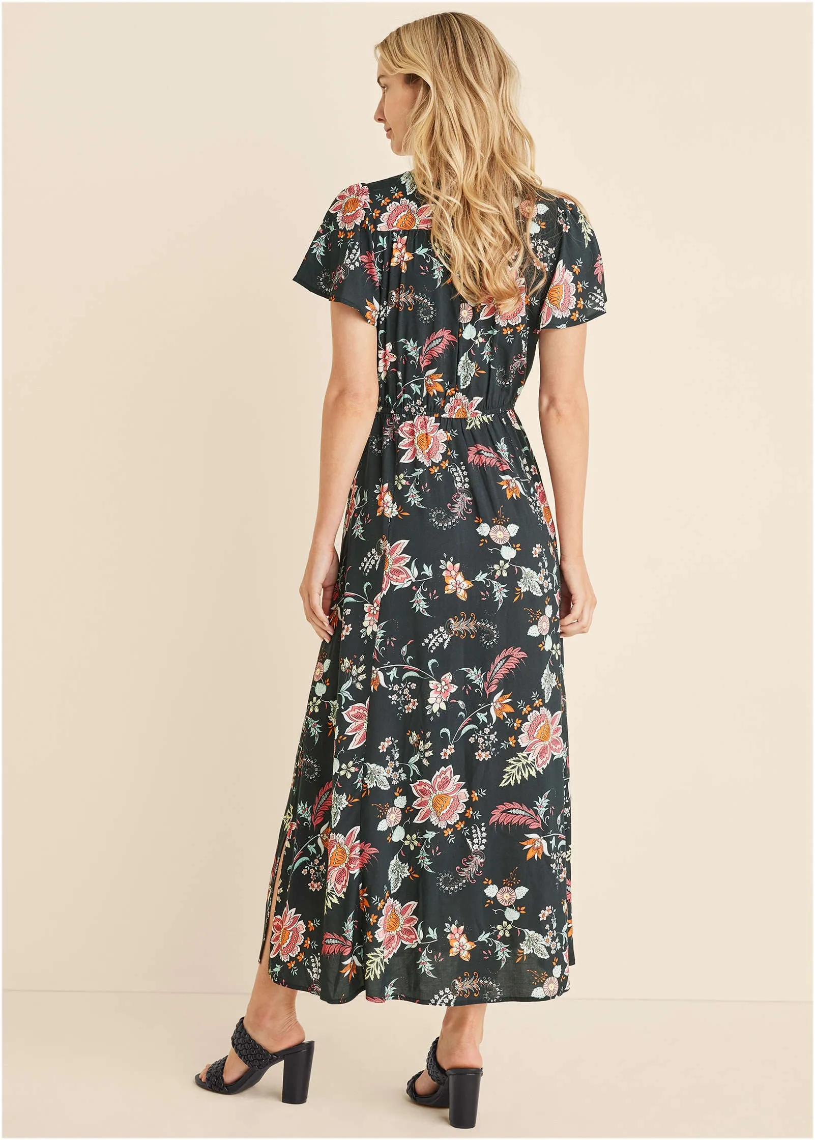 Abstract Print Maxi Dress - Black & Coral