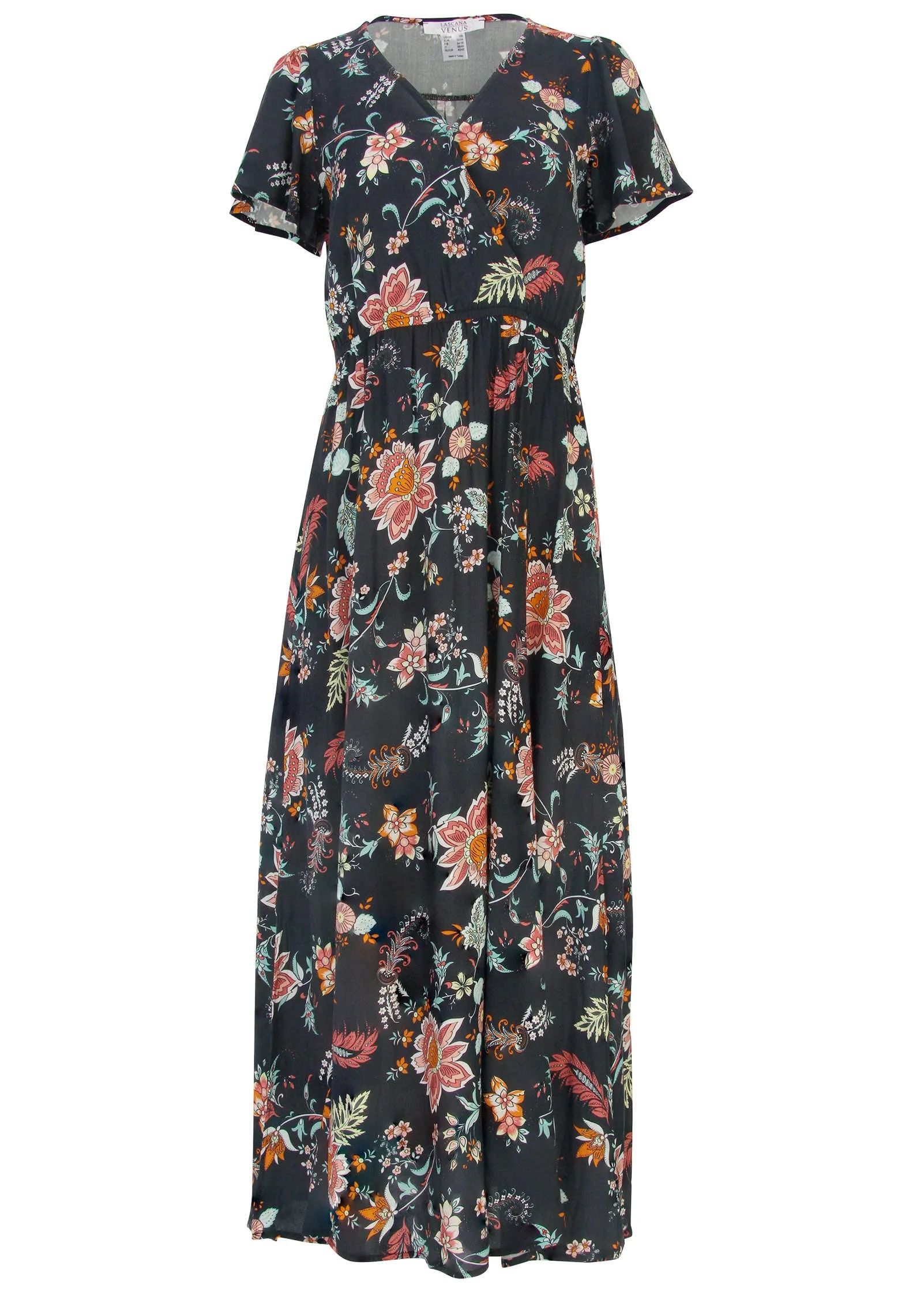 Abstract Print Maxi Dress - Black & Coral