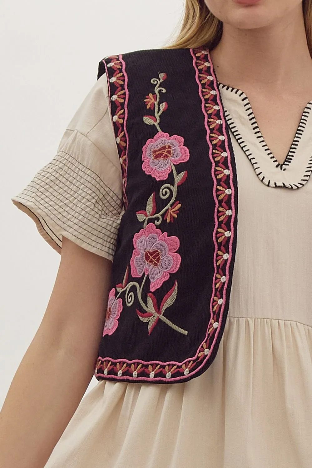 Amelia Corduroy Floral Embroidered Vest - Black