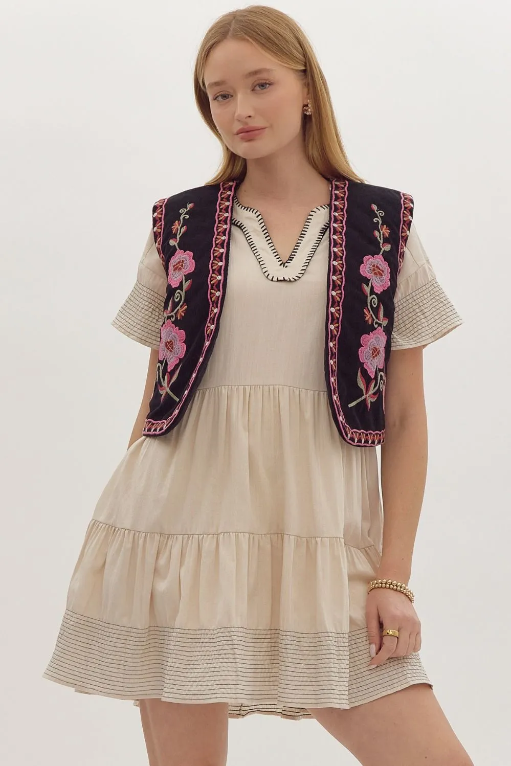 Amelia Corduroy Floral Embroidered Vest - Black