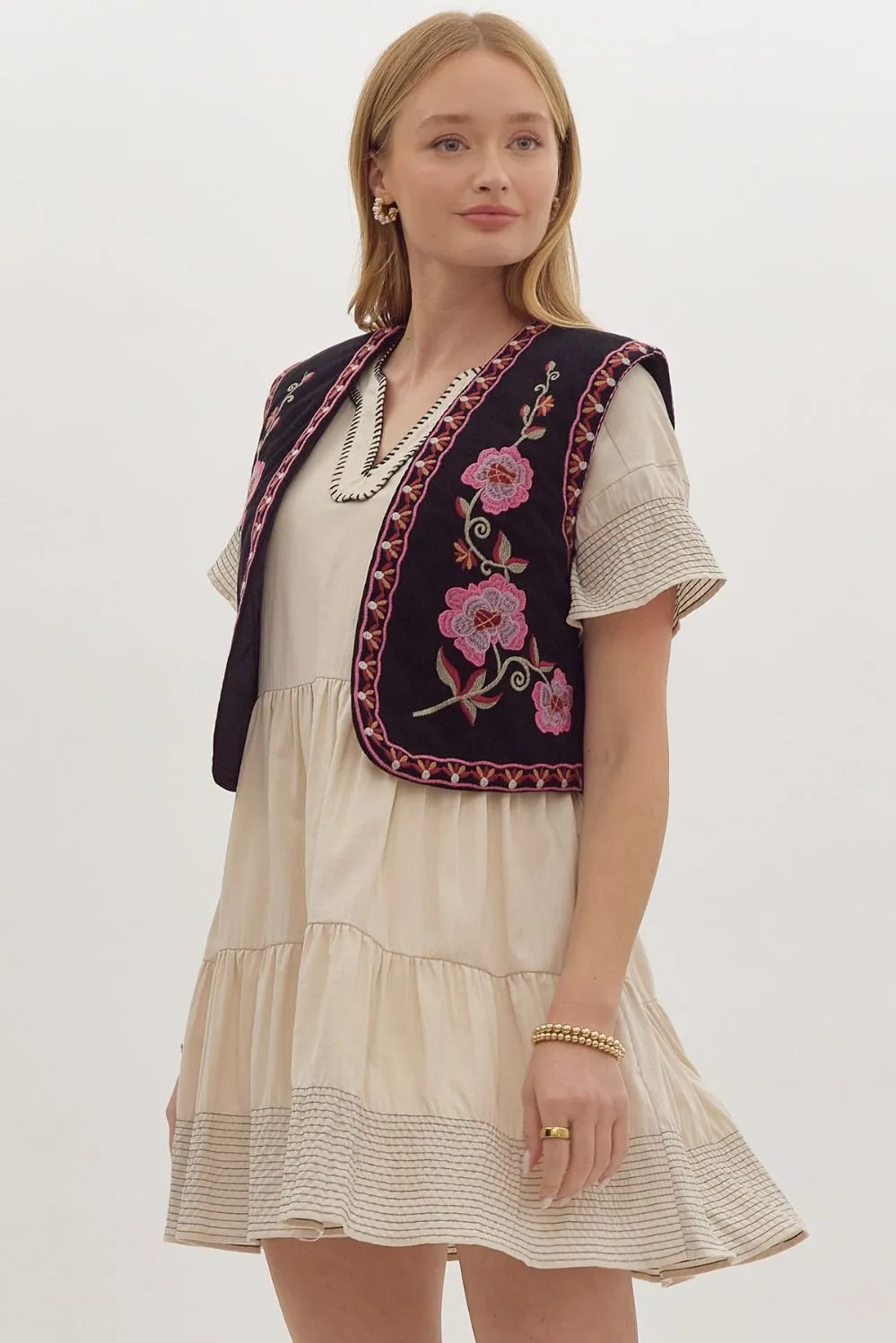 Amelia Corduroy Floral Embroidered Vest - Black