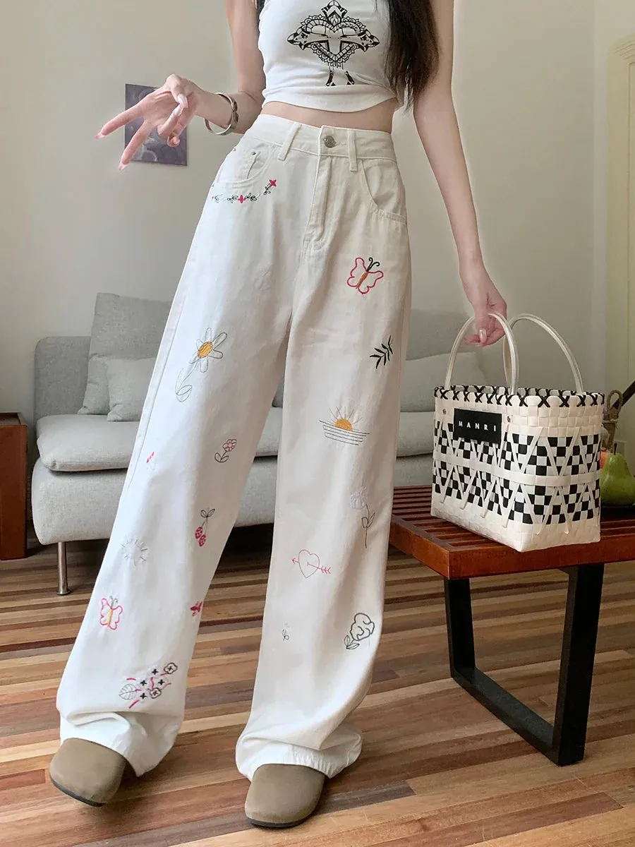 American Industry Wide-leg Heavy Denim Embroidered High-waisted Y2k Streetwear Baggy Retro Pants