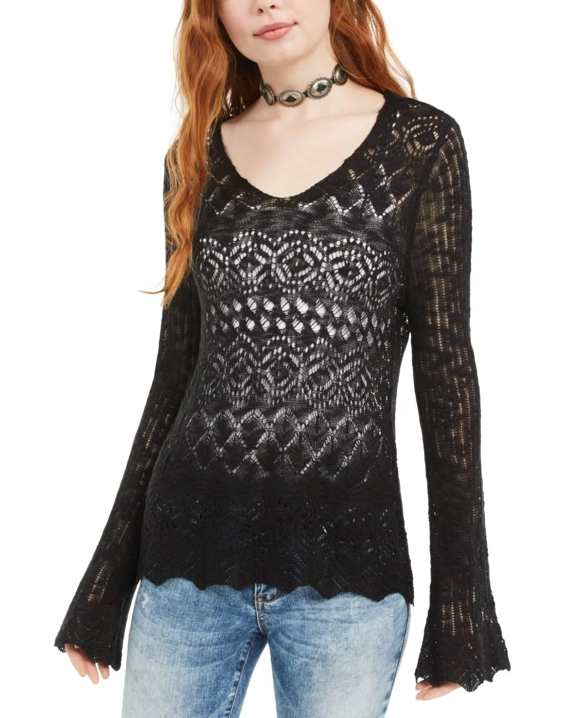 American Rag Junior's Pointelle Knit Flared Sleeve Sweater Black