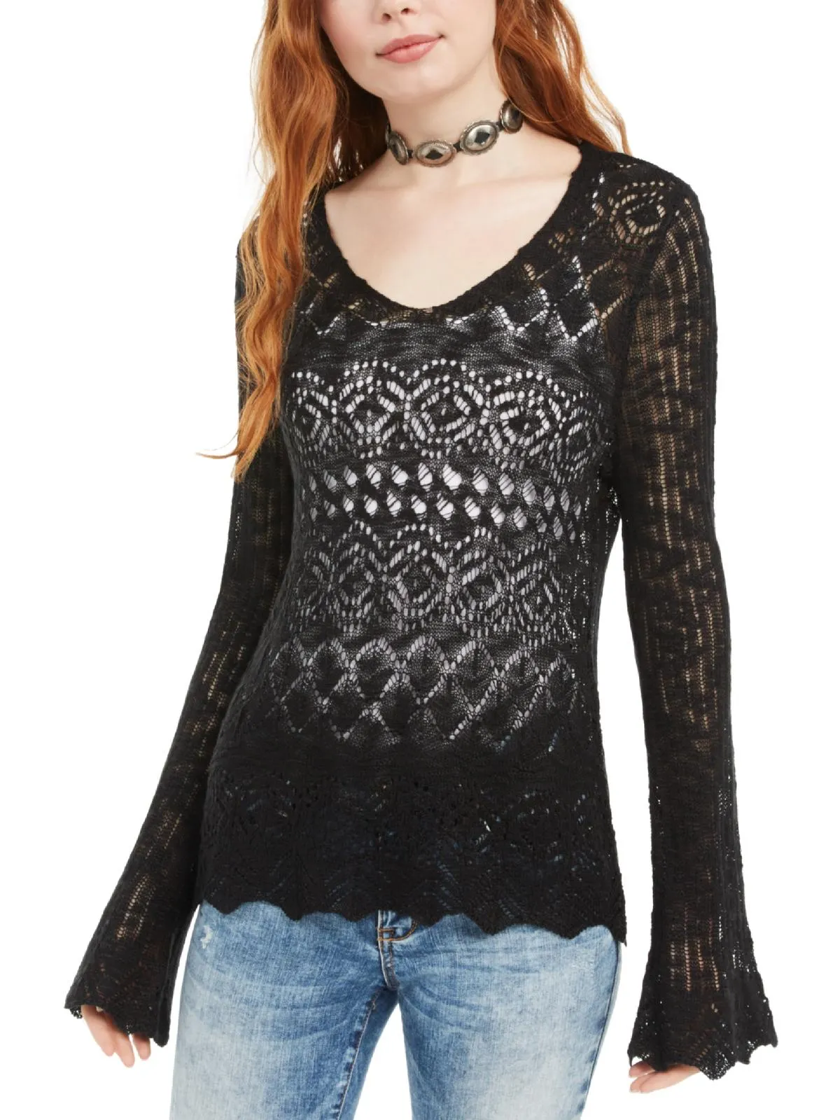 American Rag Junior's Pointelle Knit Flared Sleeve Sweater Black