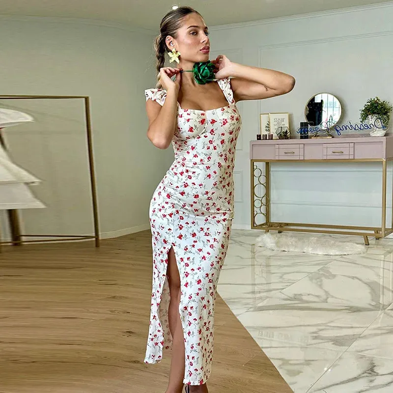 Amozae-Elegant Sexy Flower Print Sleeveless Slit Long Dress For Women Backless Slim Fit Suspender Party Evening Dress Female New