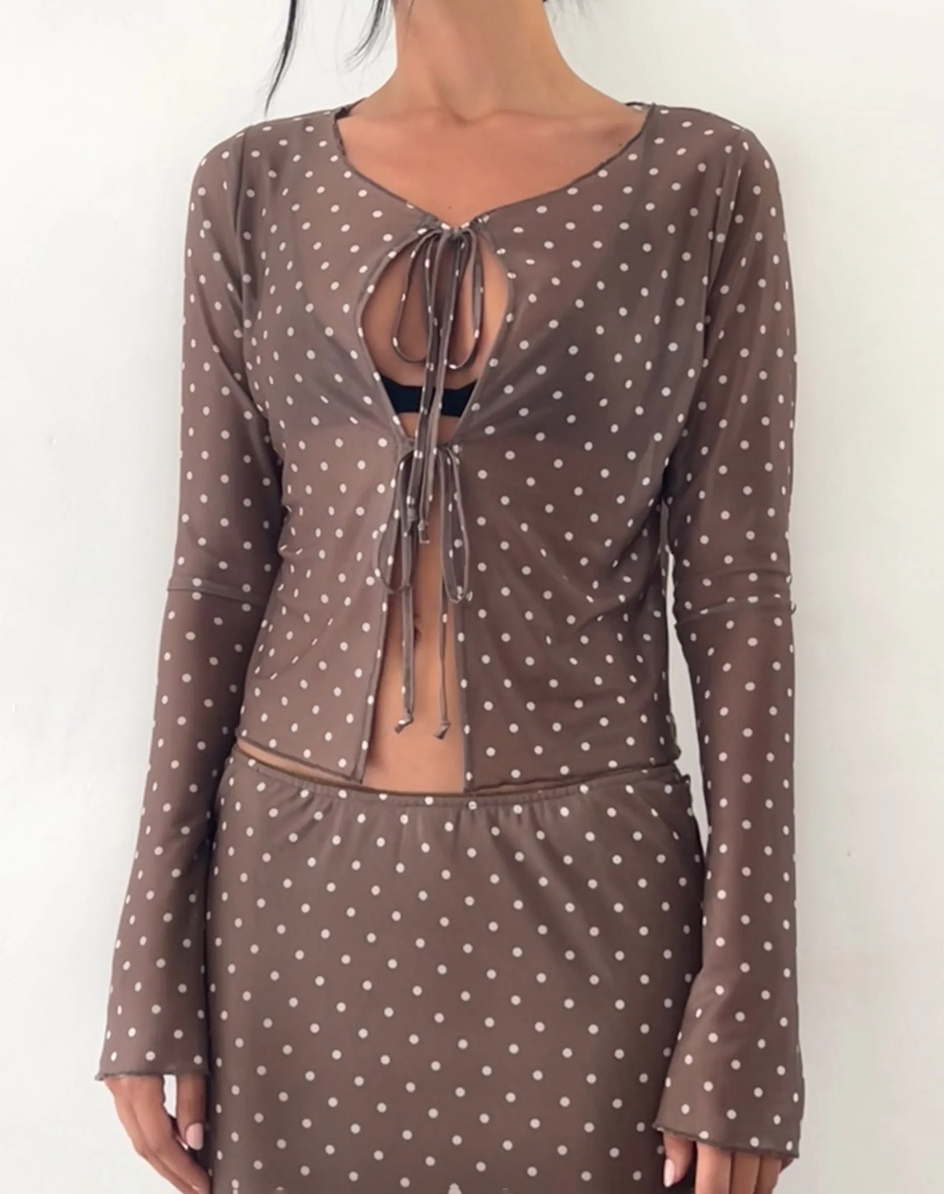 Araceli Tie Front Top in Basic Polka Brown