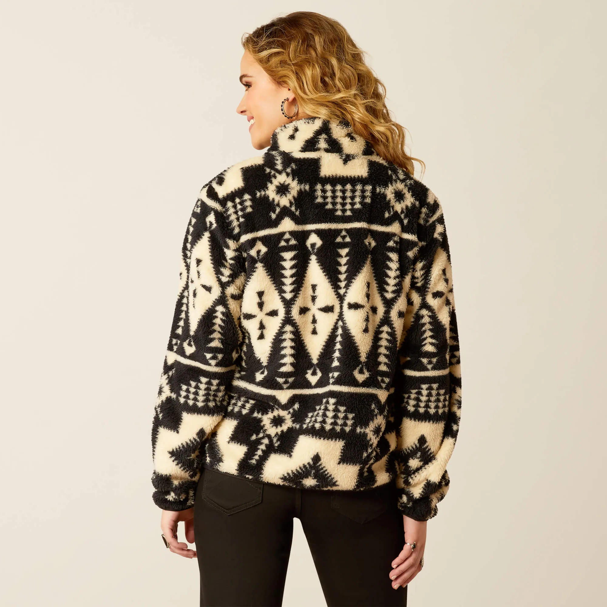 Ariat Ladies Black/Cream Winslow Southwest Print Snap Front Pullover Berber Sweatshirt