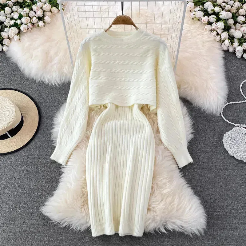 Autumn Winter Sassy Woolen Knitted Two Piece Midi Sweater Dress Outfit set