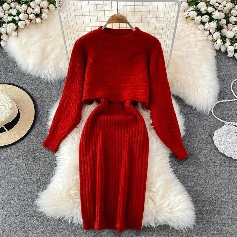 Autumn Winter Sassy Woolen Knitted Two Piece Midi Sweater Dress Outfit set