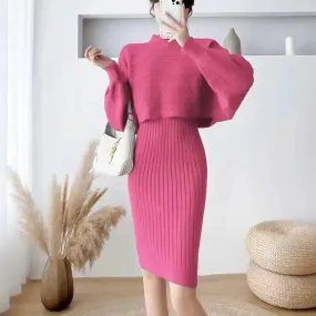 Autumn Winter Sassy Woolen Knitted Two Piece Midi Sweater Dress Outfit set