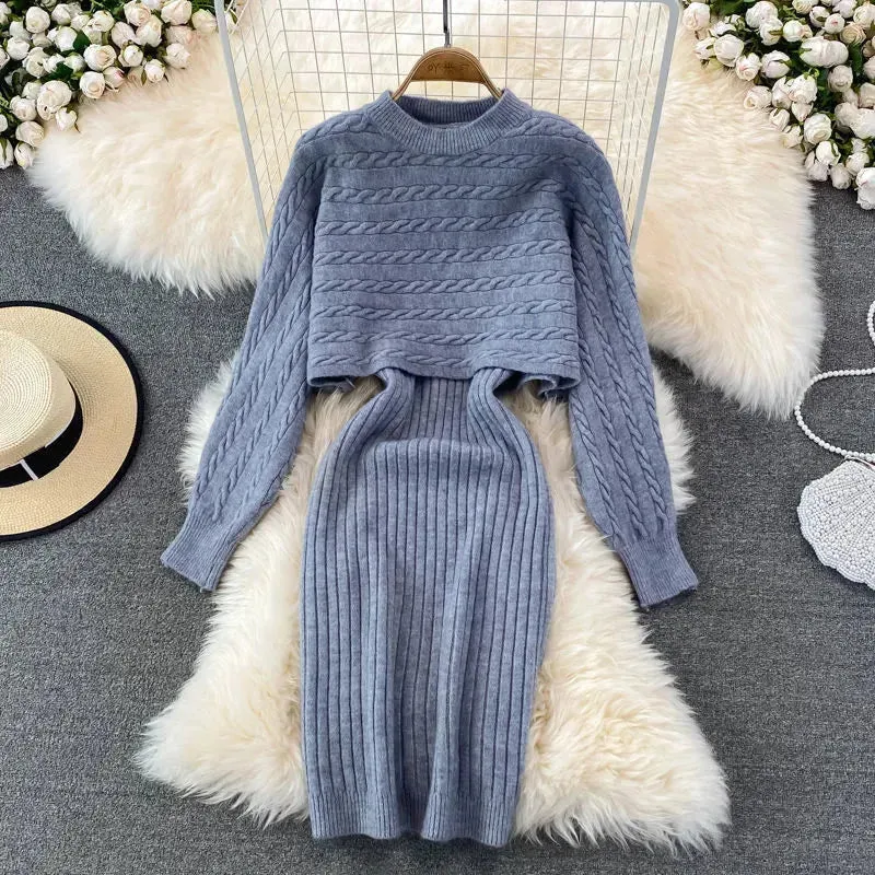 Autumn Winter Sassy Woolen Knitted Two Piece Midi Sweater Dress Outfit set