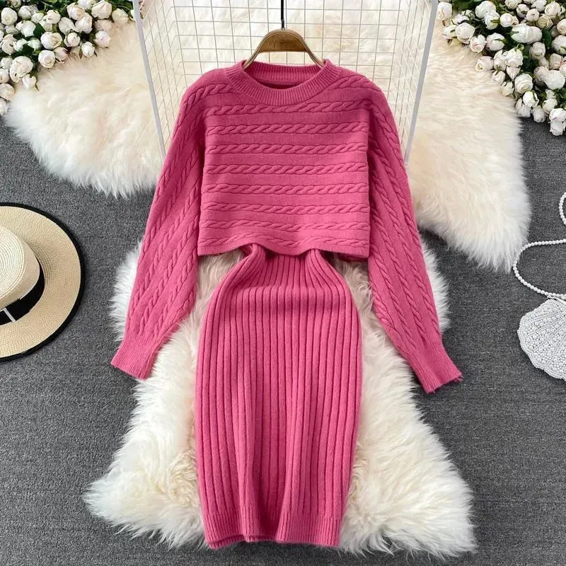 Autumn Winter Sassy Woolen Knitted Two Piece Midi Sweater Dress Outfit set