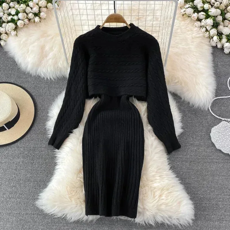 Autumn Winter Sassy Woolen Knitted Two Piece Midi Sweater Dress Outfit set