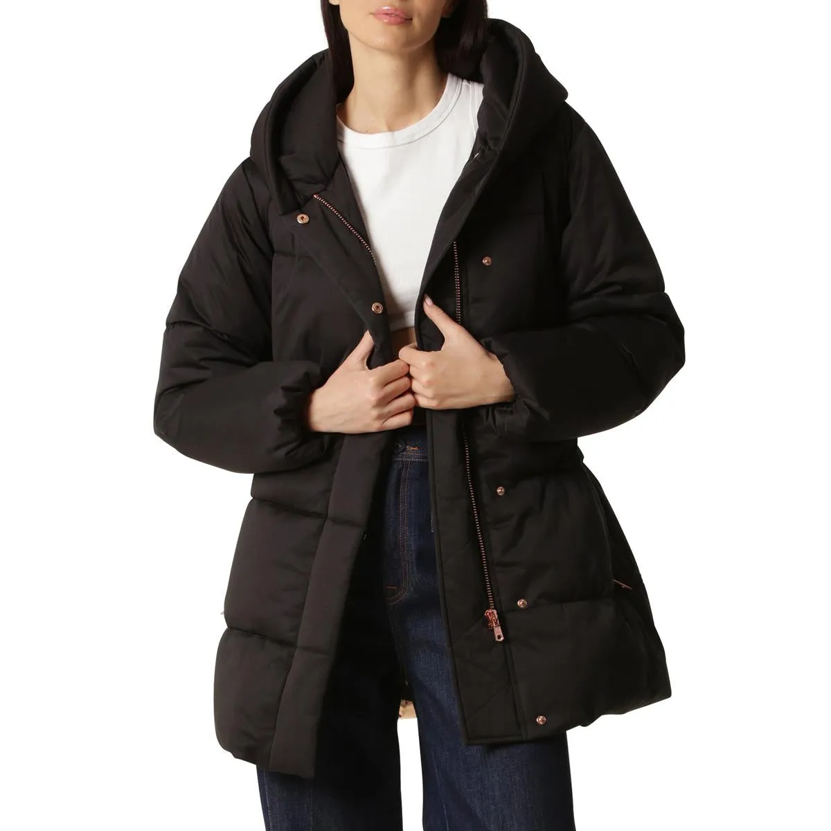 Avec Les Filles Women's Hooded Wrap Puffer Coat with Belt