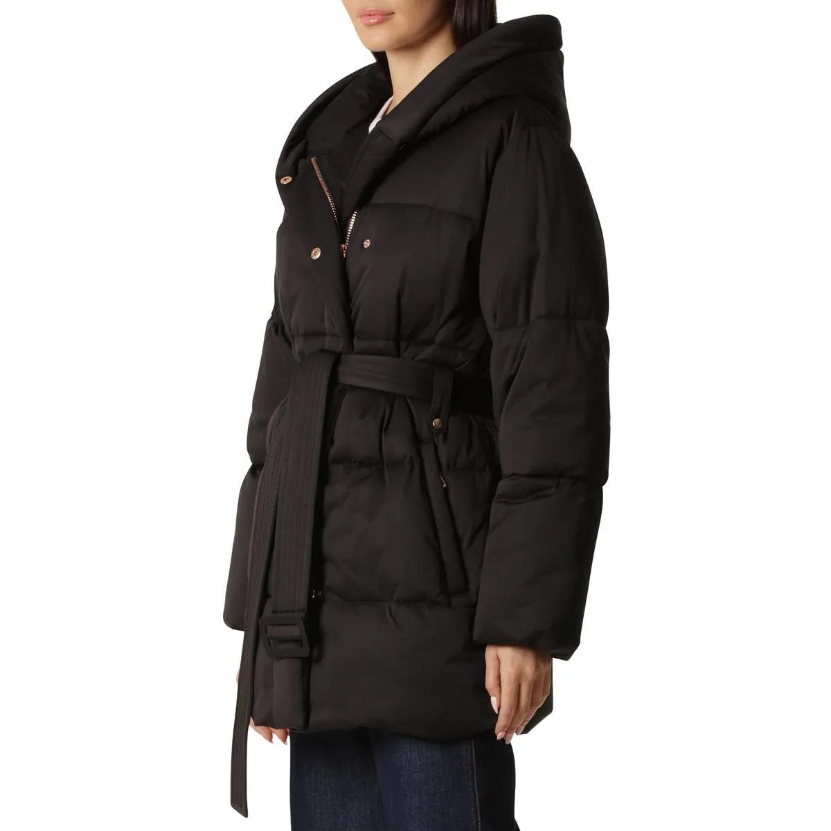 Avec Les Filles Women's Hooded Wrap Puffer Coat with Belt