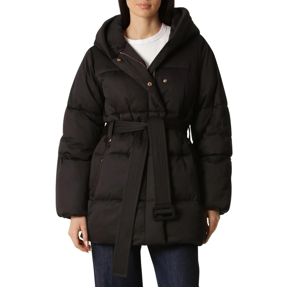 Avec Les Filles Women's Hooded Wrap Puffer Coat with Belt