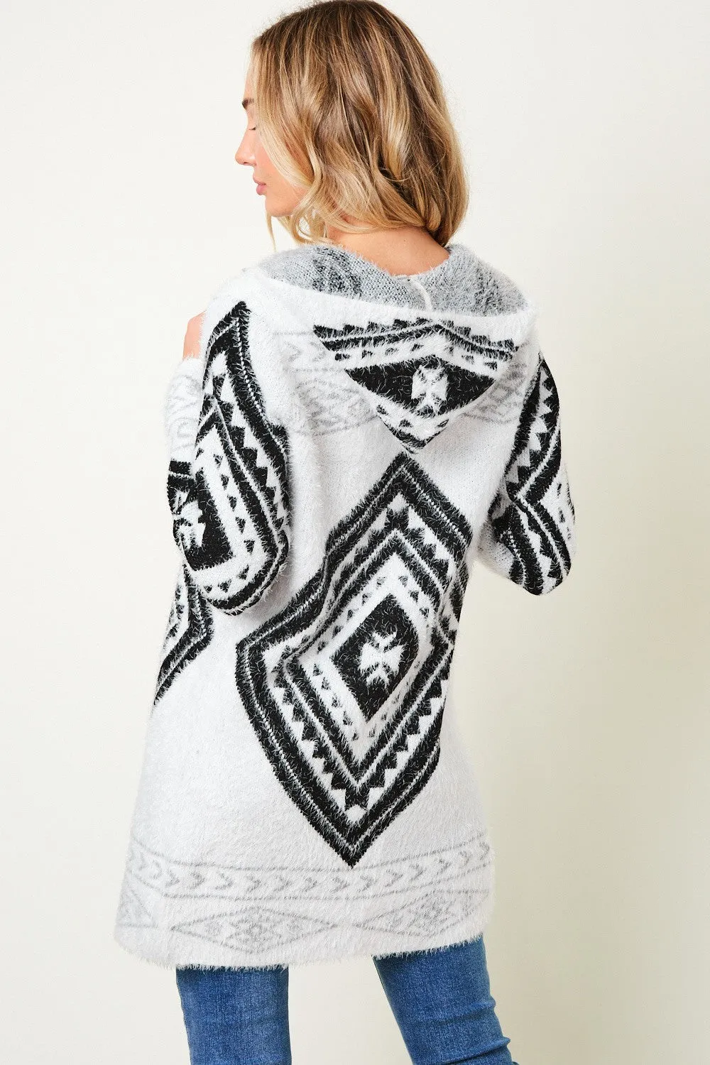 Aztec Pattern Hooded Fluffy Yarn Sweater Long Sleeve Open Front Cardigan