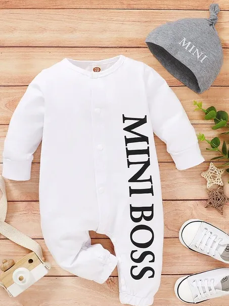 Baby Mini Boss Button Down Onesie With Beanie Cap