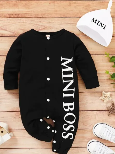 Baby Mini Boss Button Down Onesie With Beanie Cap