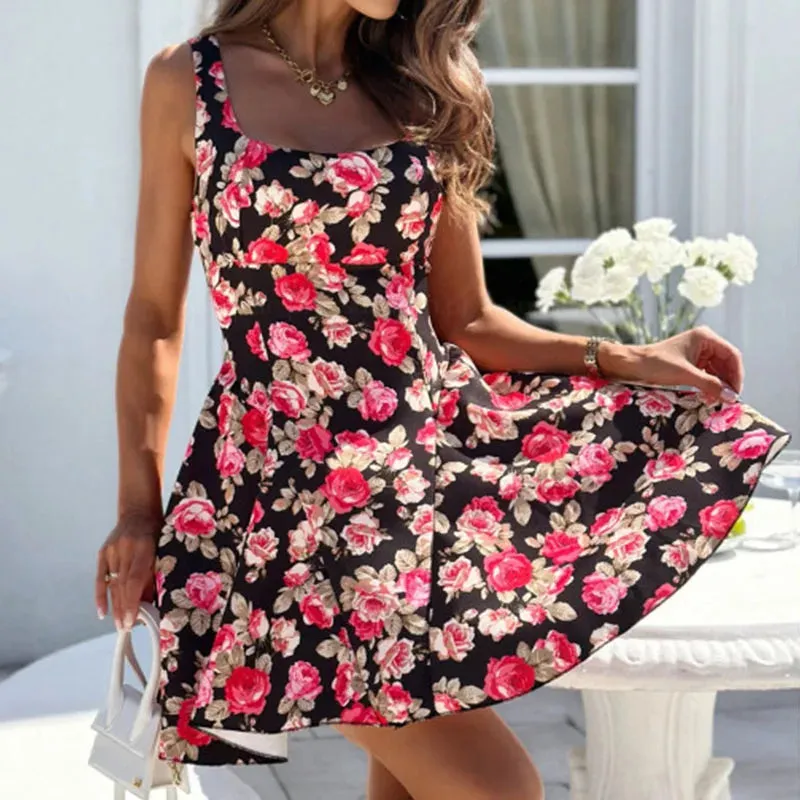 Backless Bow Decoration Elegant Lady Waist A-line Printed Swing Floral Sleeveless Dress