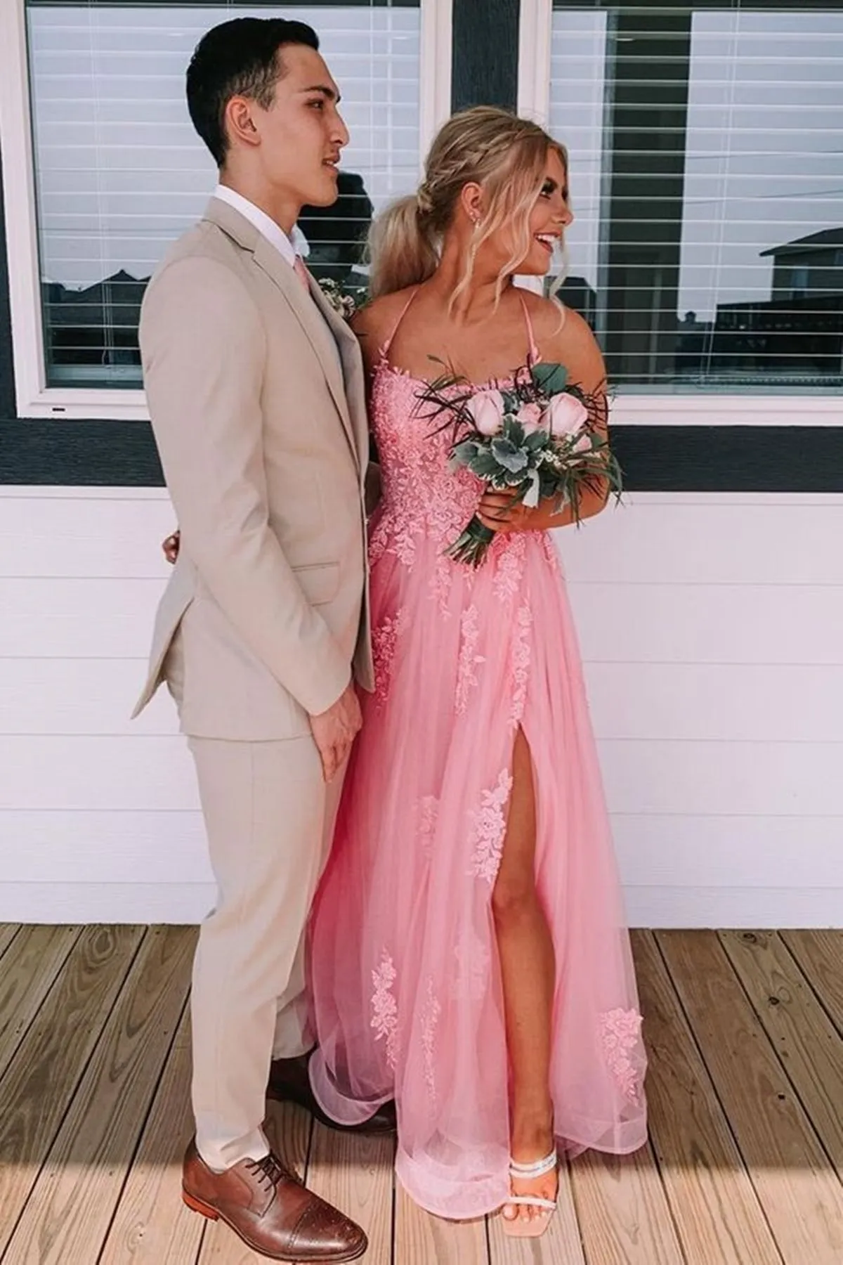 Backless Pink Lace Appliqued Long Prom Dress with High Slit, Pink Lace Formal Graduation Evening Dress A1506